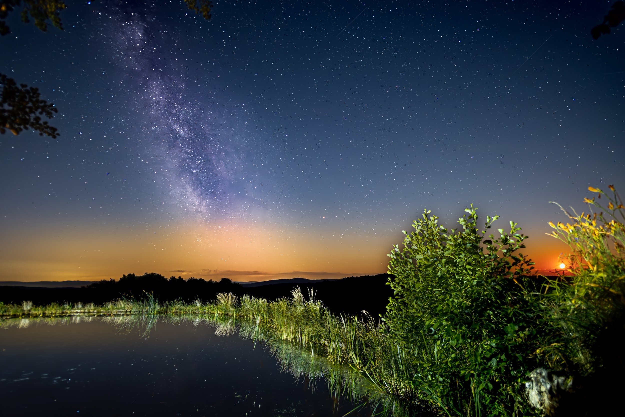 Sternenklare Nacht über einem See mit Bewuchs am Ufer, im Hintergrund ein Horizont mit letzten Lichtreflexen und einem Sonnenuntergang.