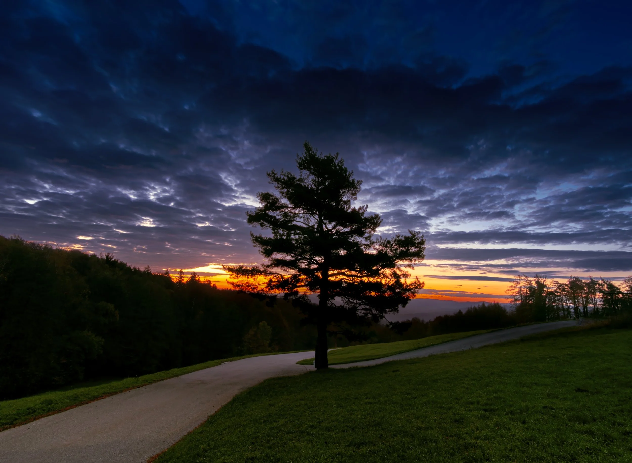 Ein Sonnenuntergang hinter Wolken, mit einem eingeschnittenen Weg und einem einzelnen Baum im Vordergrund, umgeben von grünem Gras.