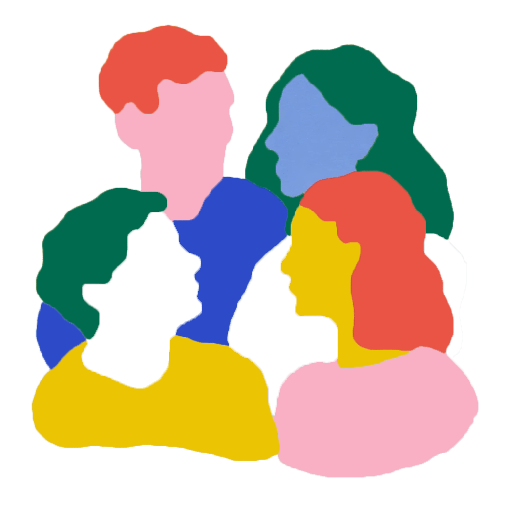Illustration von vier Personen im Gespräch, mit unterschiedlichen Haarfarben und Kleidung.