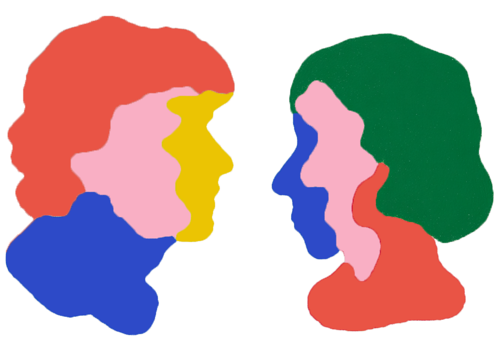 Zwei stilisierte Profilbilder von Frauen, die sich faces near each other gegenüberstehen, mit unterschiedlichen bunten Haarfarben und Hauttönen.