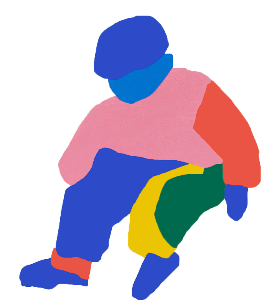 Abstrakte Illustration einer sitzenden Figur mit bunten Kleidungsstücken in Blau, Pink, Rot, Gelb und Grün.