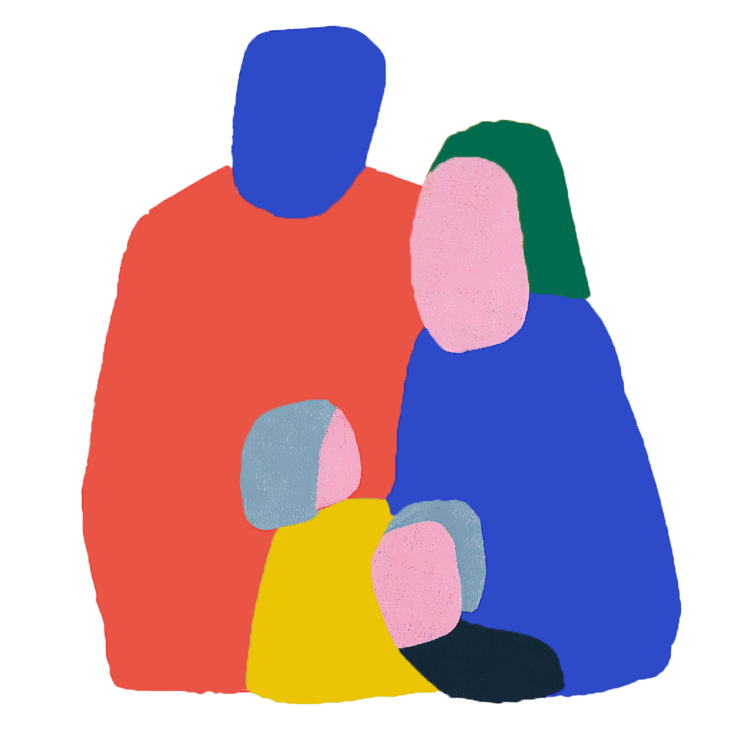 Abstrakte Illustration einer Familie mit vier Personen, bestehend aus zwei Erwachsenen und zwei Kindern, in bunten, vereinfachten Formen.