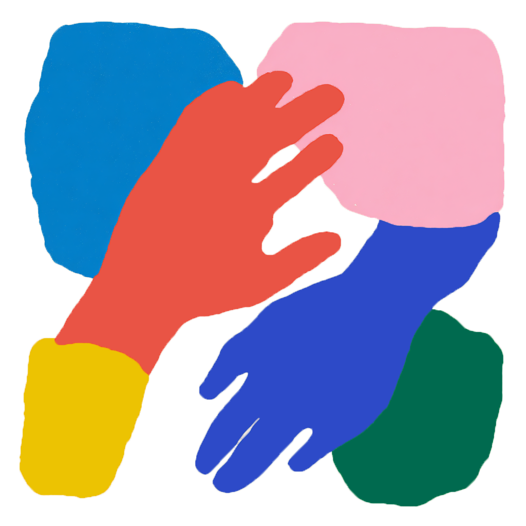 Skizze von zwei Händen, die sich berühren. Eine Hand ist rot, die andere blau. Es sind mehrere farbige Formen im Hintergrund, darunter pink, grün, gelb, schwarz und cremefarben.