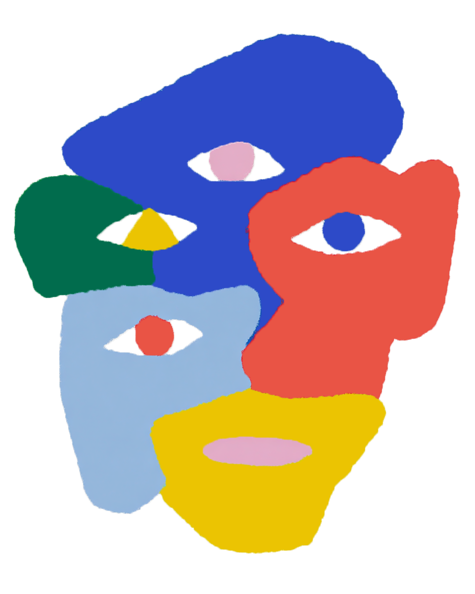 Abstrakte Illustration mit bunten, überlappenden Gesichtern in verschiedenen Farben.