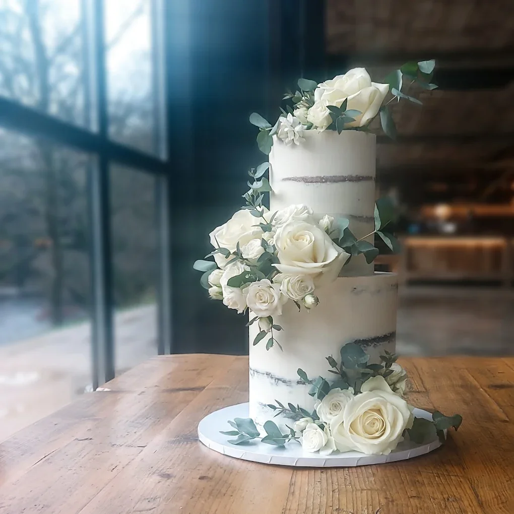 Elegant white multi-tiered wedding cake decorated with white roses and greenery, placed on a wooden table near a window.