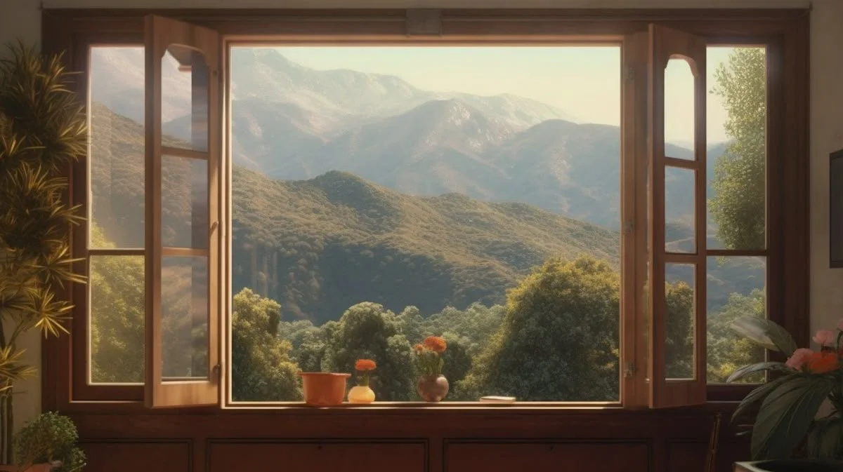 Open window showing a mountain landscape with lush green trees and mountains in the distance.