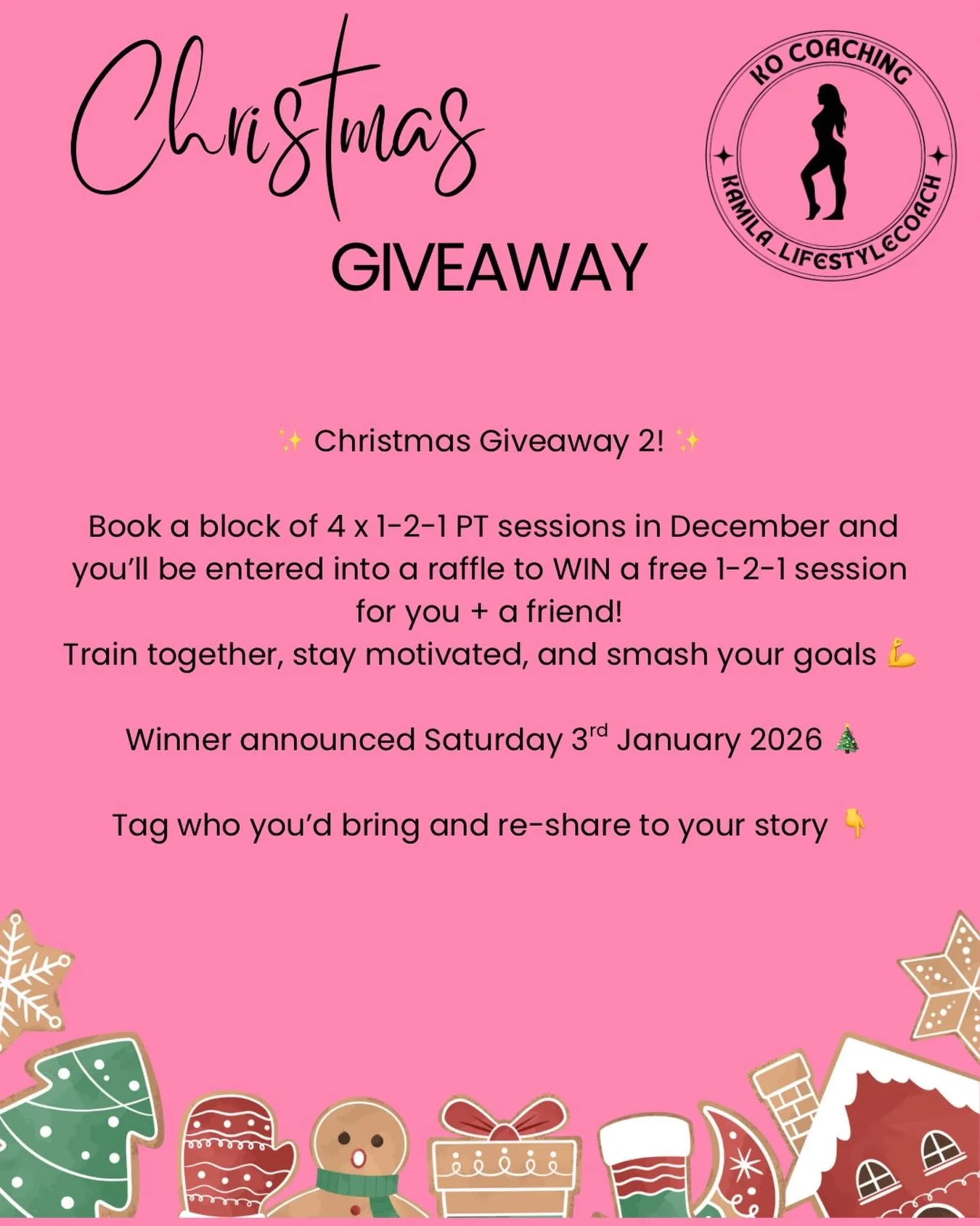 Book 4 PT sessions = Entry to win a FREE session for you + a friend! Let&rsquo;s smash your goals together 🔥
Make 2026 the year you choose YOU! 

#christmasfitness #holidaygiveaway #ﬁtnesscoach #ptpromo #gymlife #strongertogether #trainsmarter #fitn
