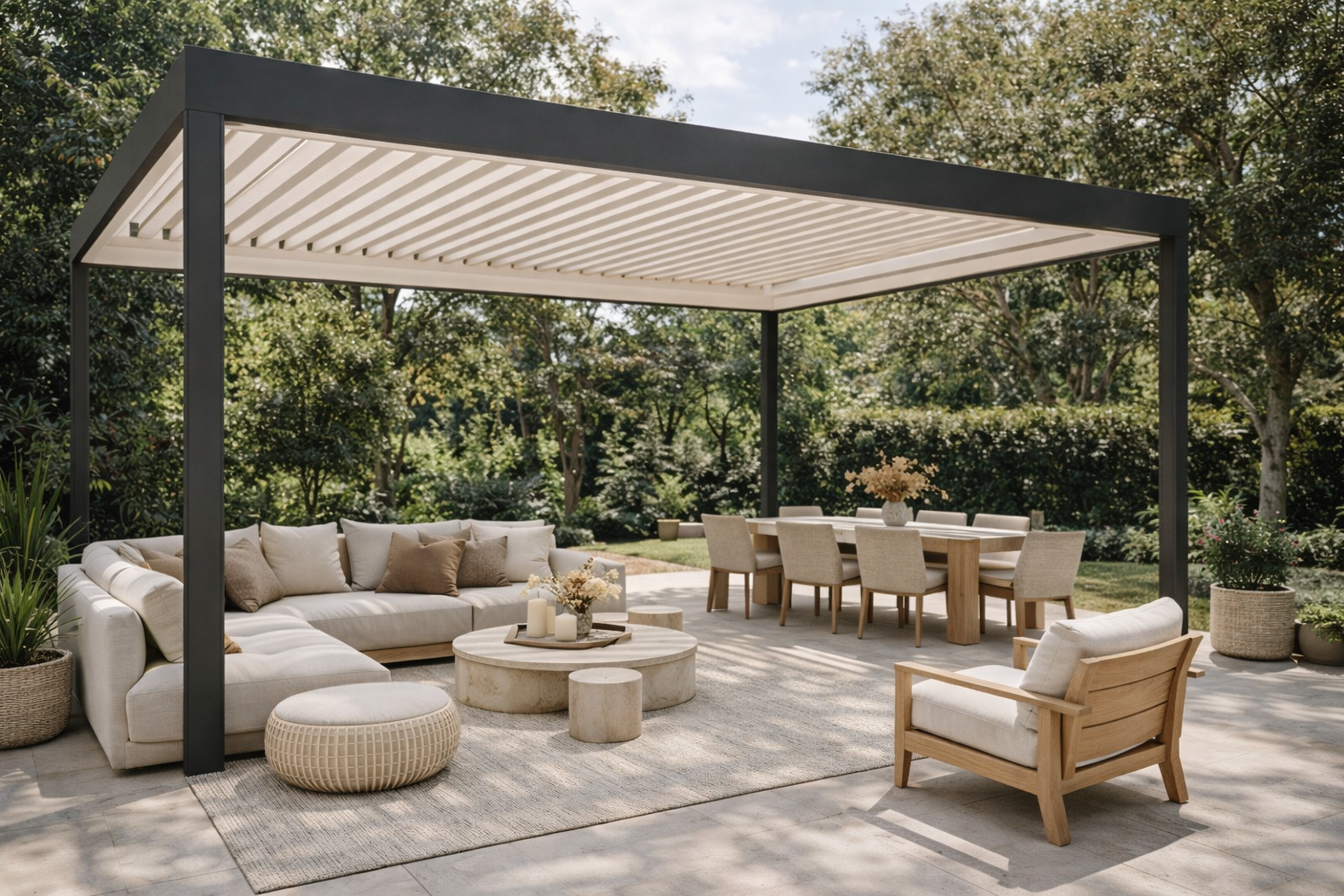 Espacio exterior de terraza con muebles de madera y sofá en un entorno natural con árboles y plantas.