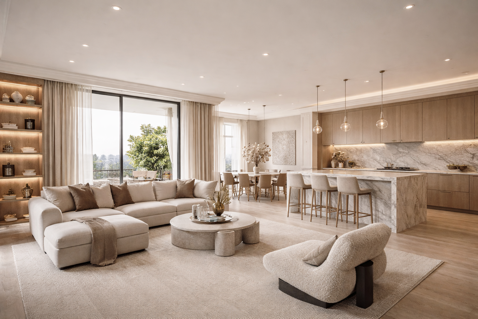 Salón de estilo moderno y elegante con sala de estar, comedor y cocina en tonos neutros, gran ventana con cortinas blancas, muebles de color blanco y beige, decoración minimalista, lámparas colgantes de vidrio, y vista a un árbol exterior.