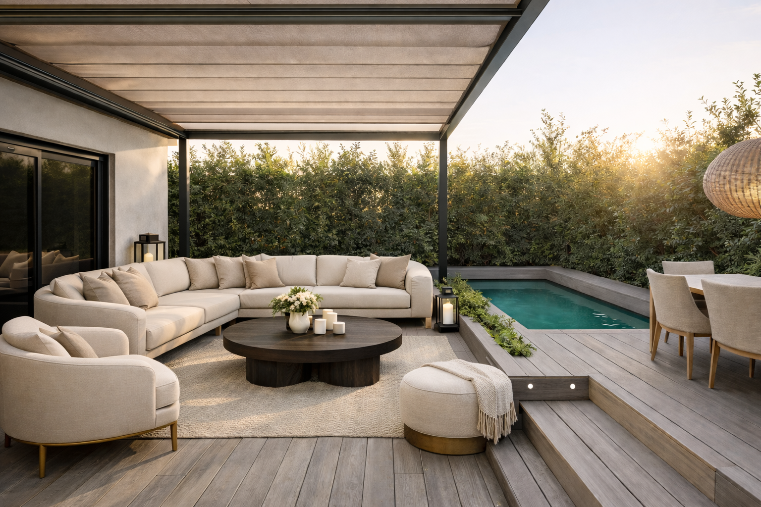 Sala de estar en la terraza con sofá blanca, mesa de centro de madera, sillas y piscina pequeña con vista al atardecer