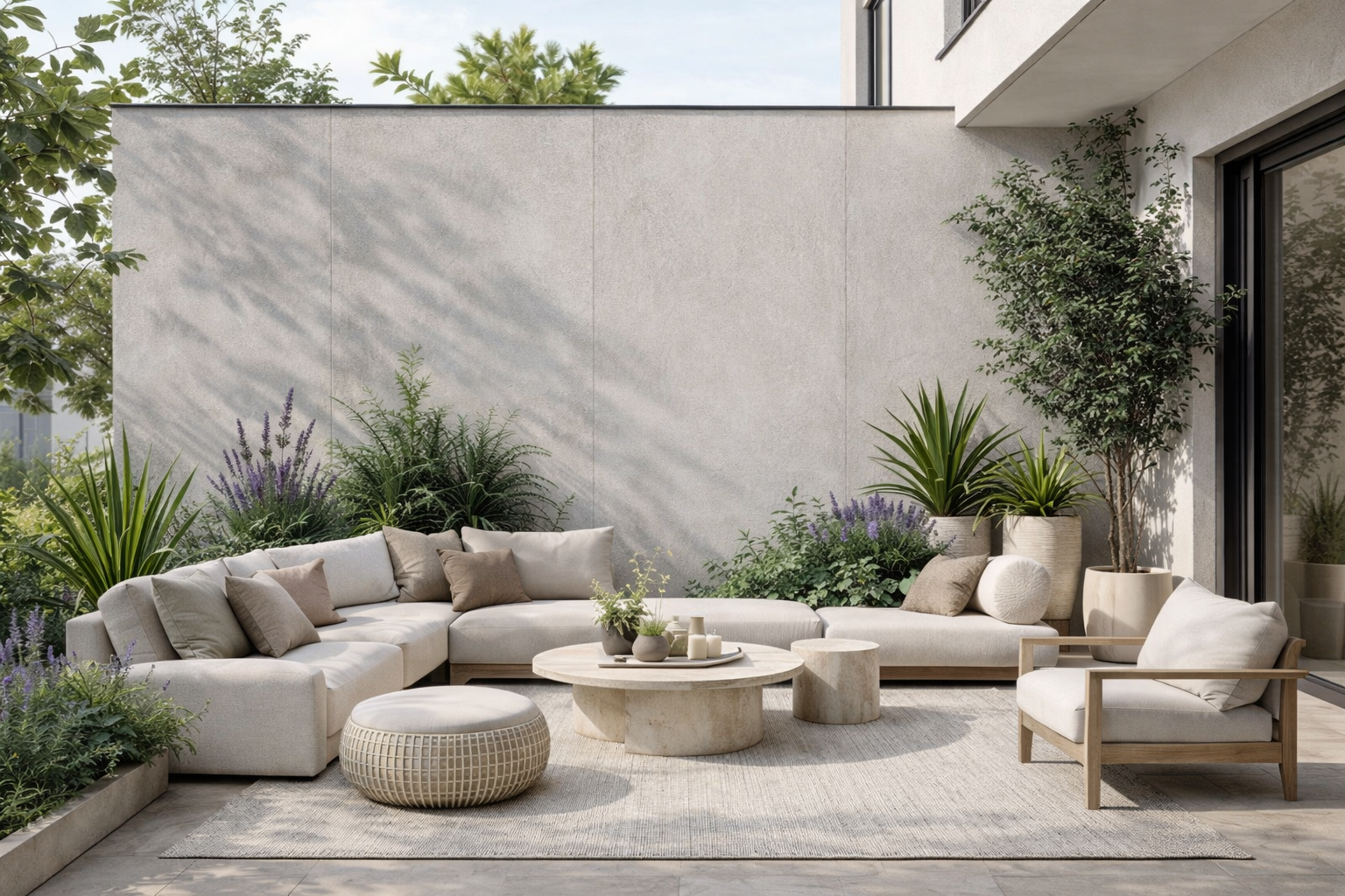 Sala de estar en un patio exterior con muebles de madera y cojines claros, rodeada de plantas verdes y decoraciones minimalistas.
