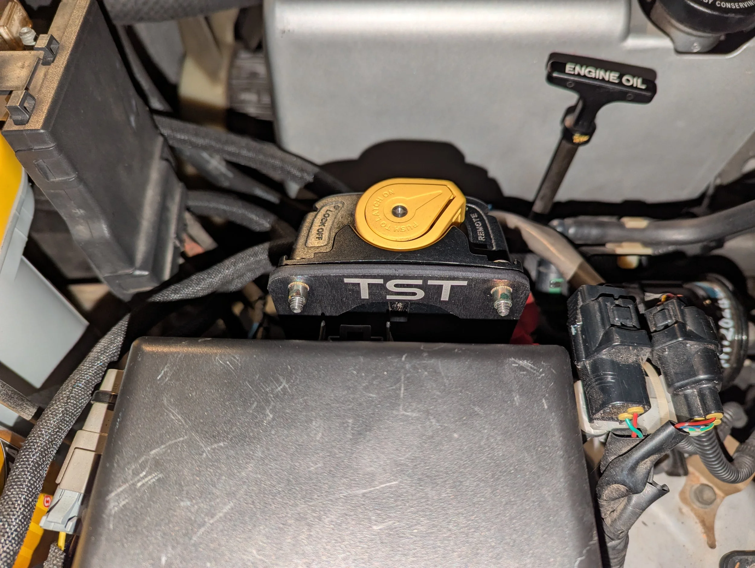 Installed TST Bracket with Blue Sea disconnect switch