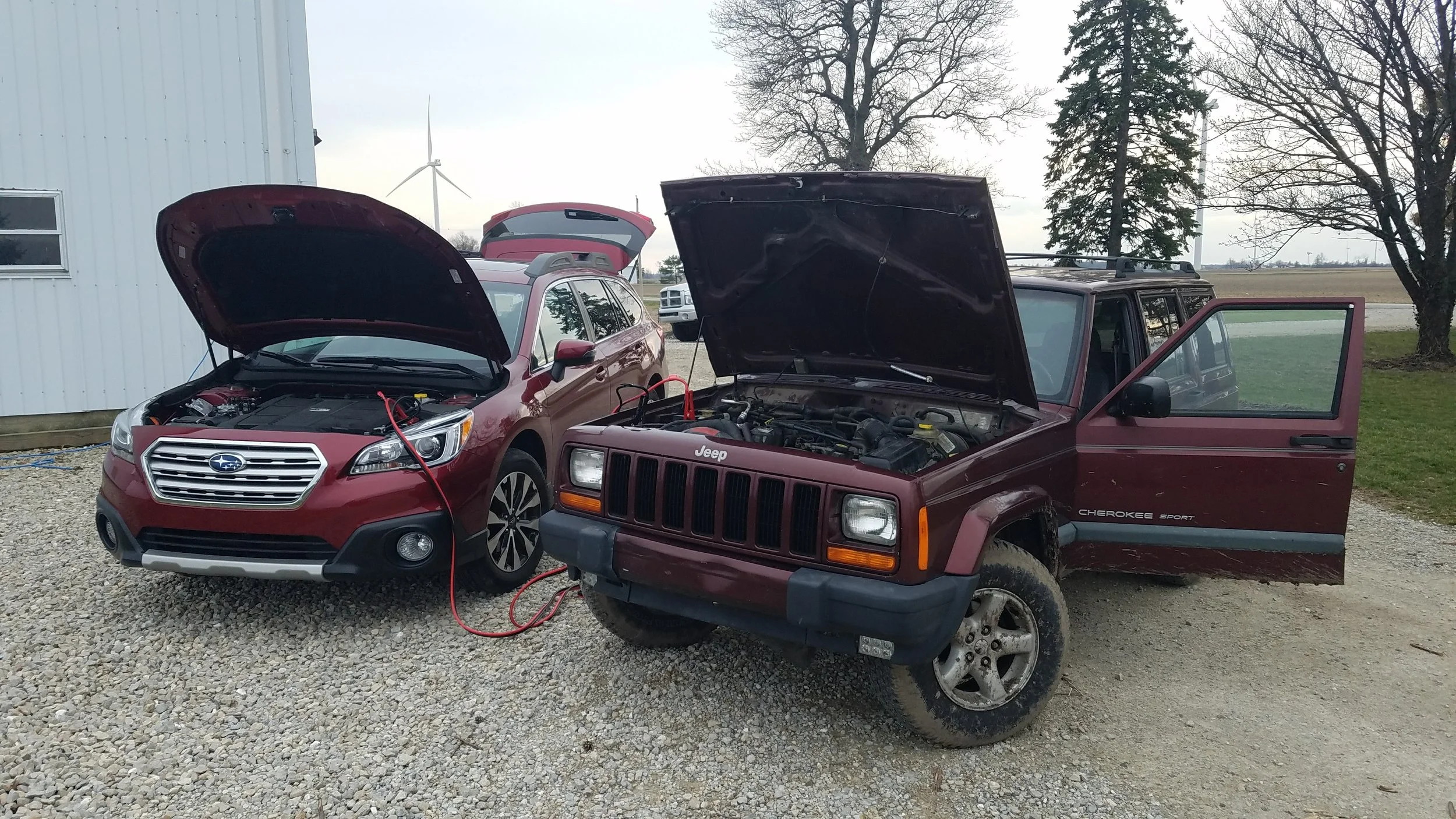 The XJ saving the Subaru from a flat battery