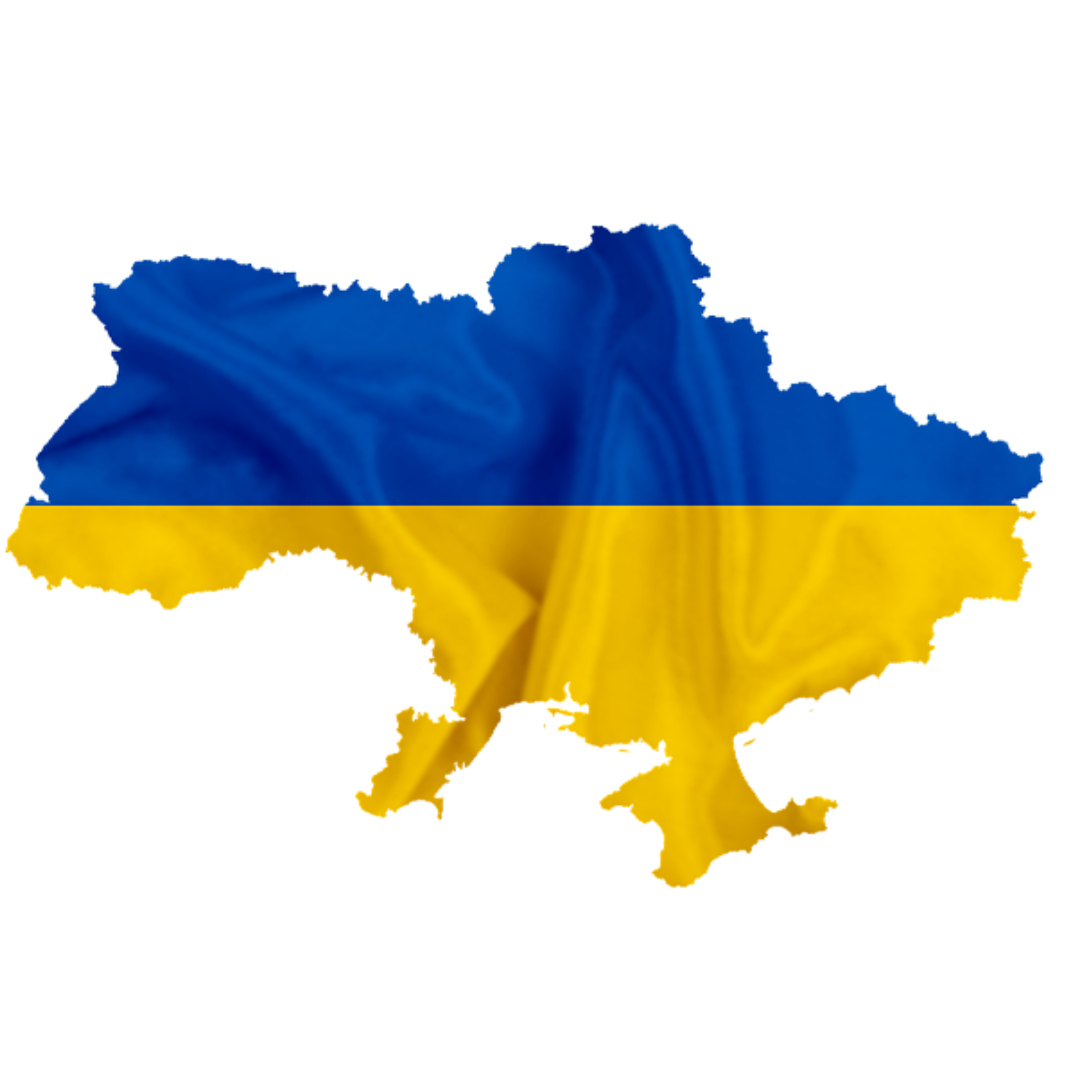 Outline map of Ukraine filled with the blue and yellow colors of the Ukrainian flag.