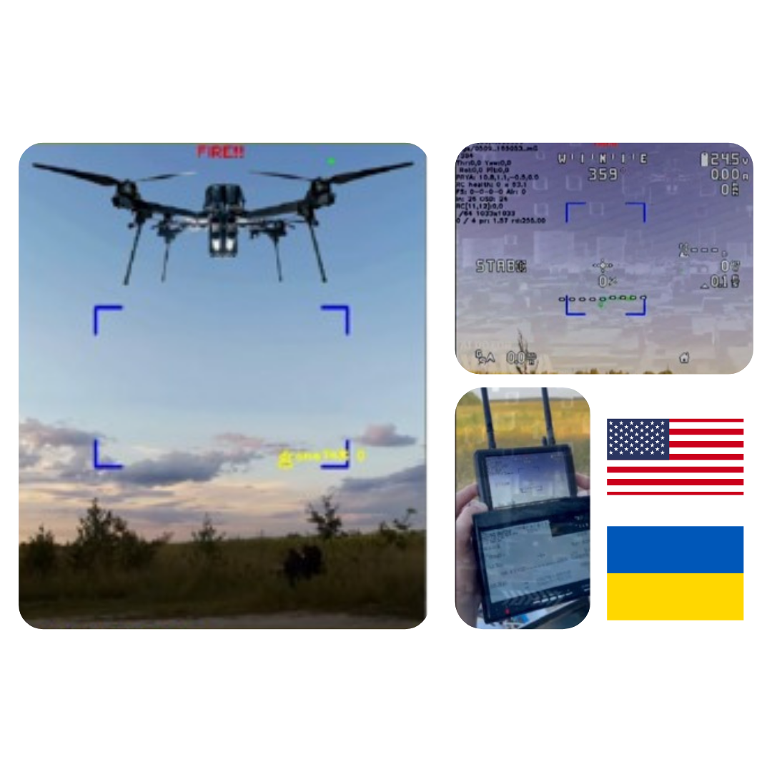 Screenshot of a drone's camera view with target markers, flight telemetry, and a remote control device, with American and Ukrainian flags in the corner.