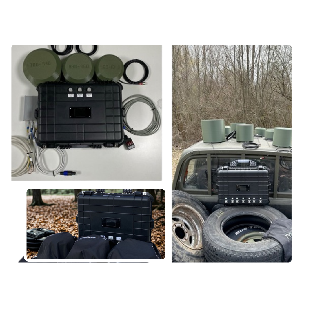 Images of equipment and supplies for a seismic survey, including a black control box, green cylindrical objects with labels, cables, and speakers, with one setup outdoors on a vehicle and another on the ground surrounded by tires and trees.