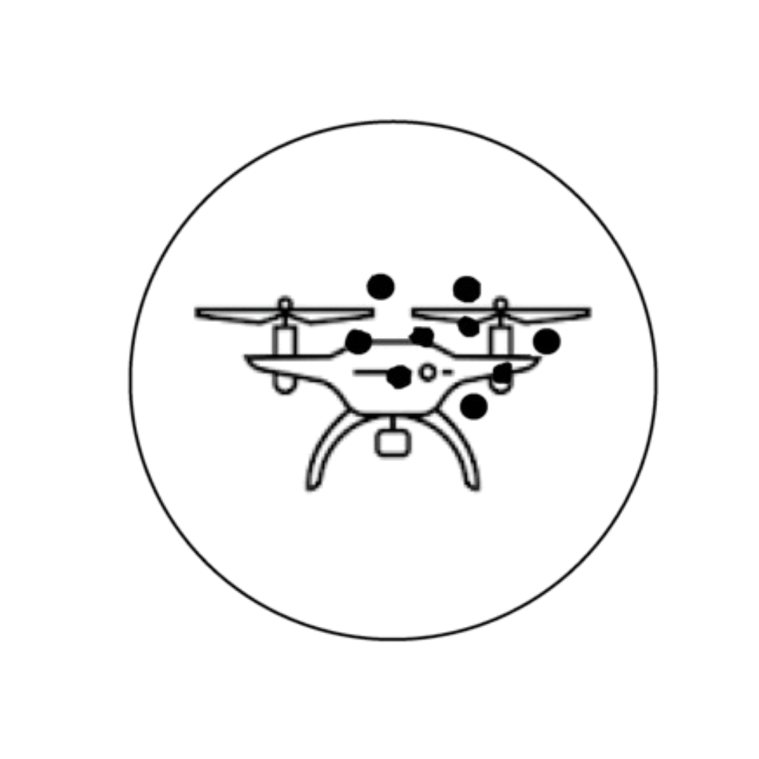 Line drawing of a drone with multiple propellers and red and black dots on its body.