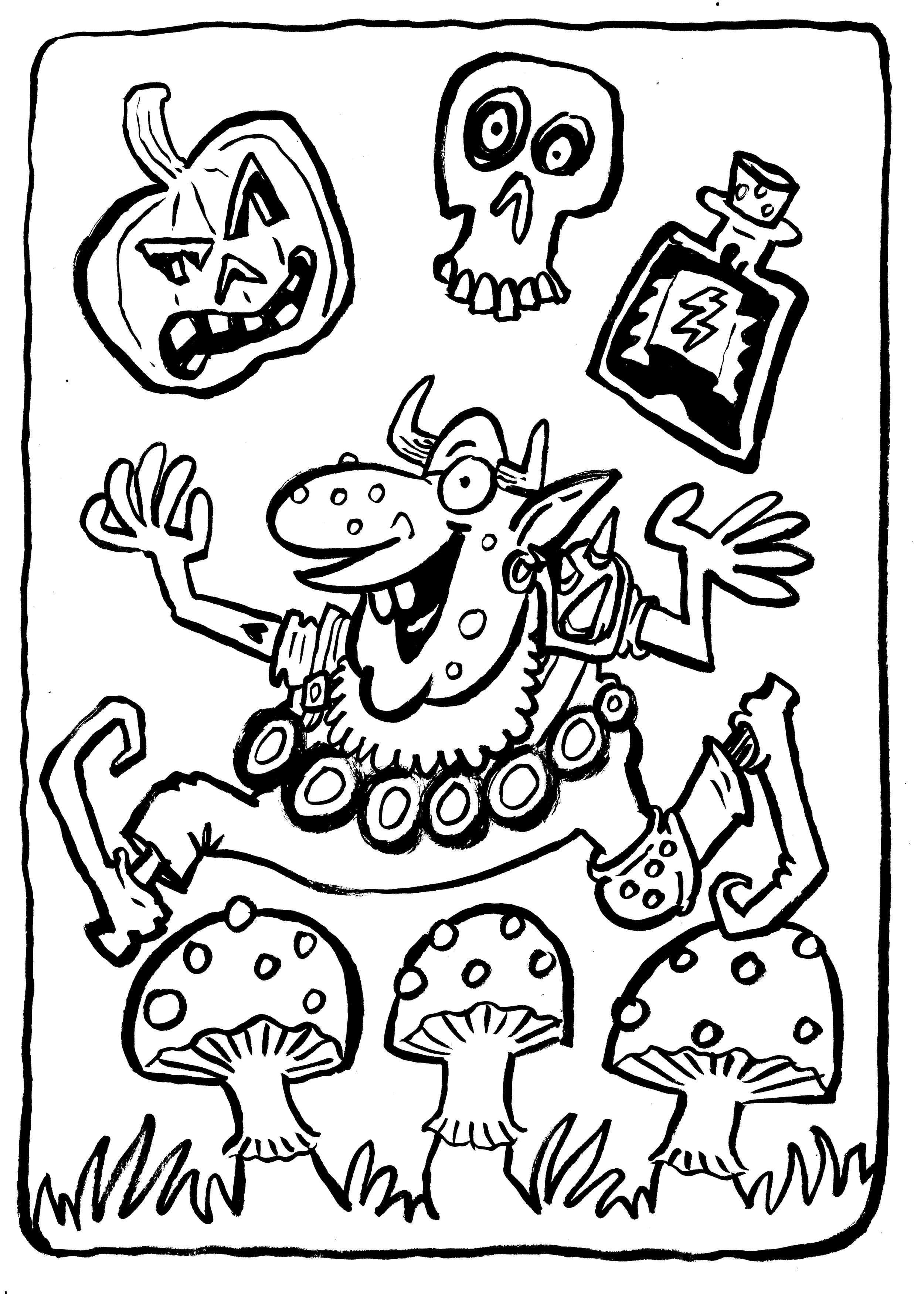 Cheeky goblin juggling with a skull, a pumpkin and a potion