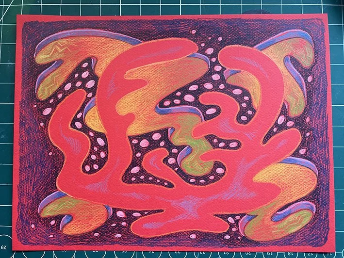 Coloured pencil on coloured paper.