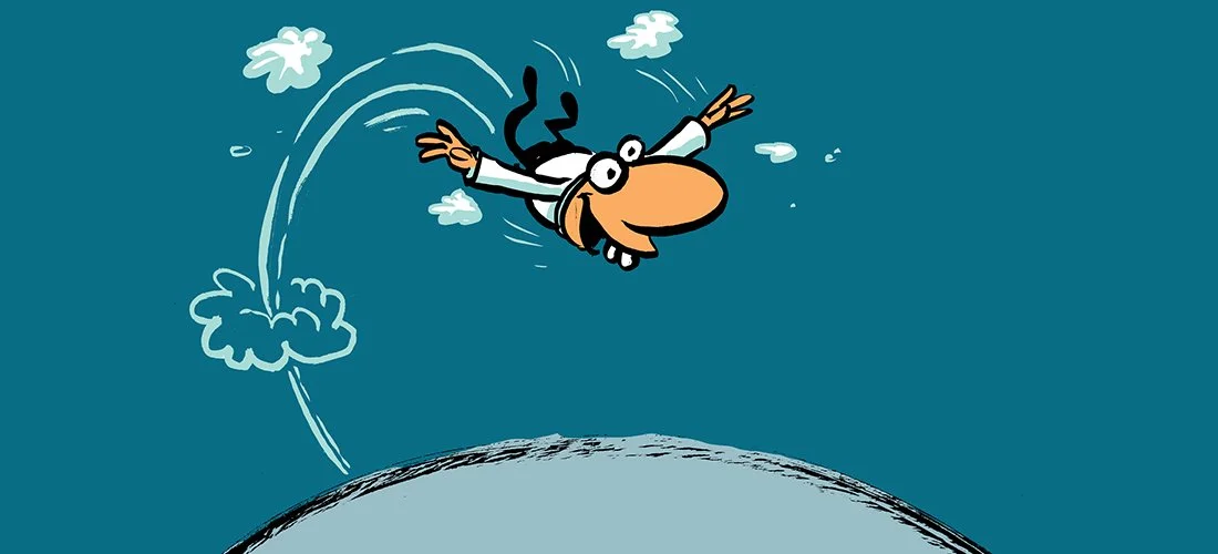 Cartoon character in a white and black outfit falling from the sky above a curved landscape with small clouds around.