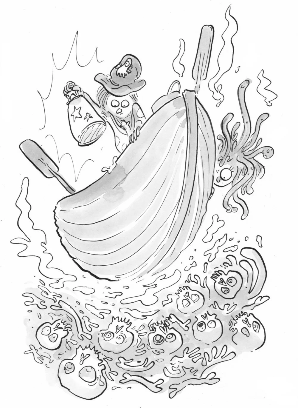AI says - A cartoon witch flying on a broomstick over a body of water, with octopus tentacles and sea creatures below. The witch is holding a jar in one hand and a spatula in the other, wearing a hat with a bird on it. Which is, of course, entirely w