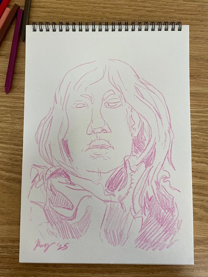 Sketchbook page drawn in crayon.