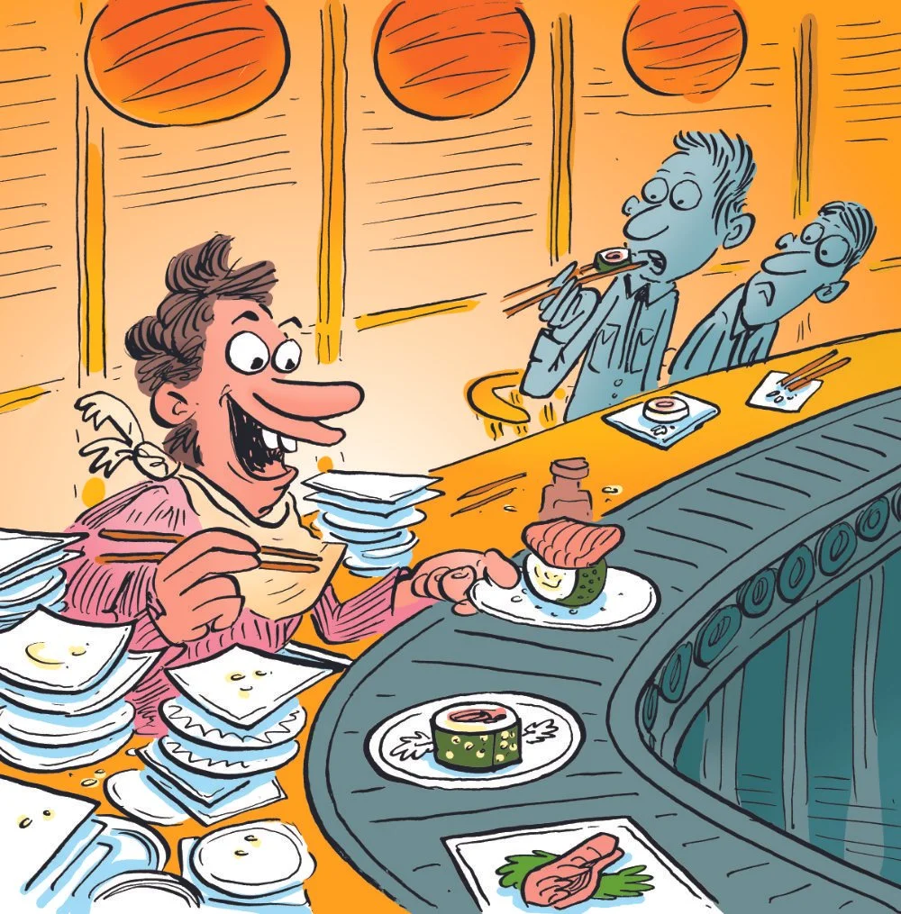 Editorial cartoon from La Settimanna Enigmistica magazine. Eating from the sushi carousel.
