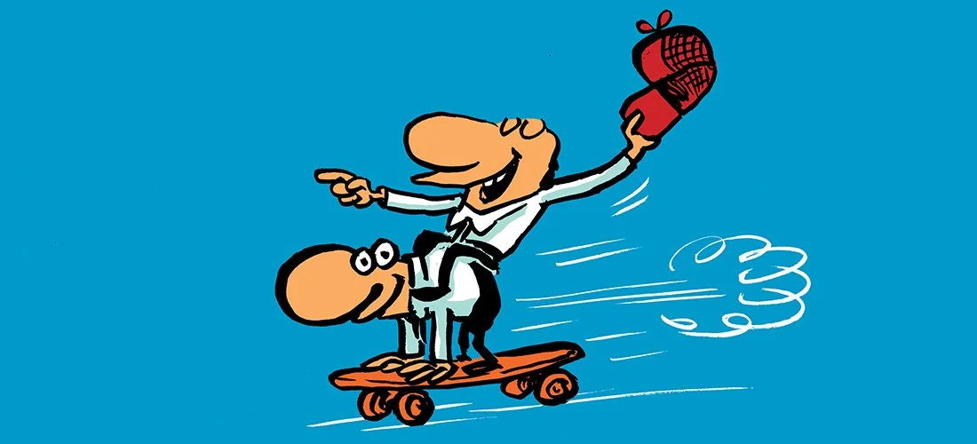 Cartoon image of two characters skateboarding, with one holding a hat and pointing, moving swiftly on a skateboard against a blue sky background.