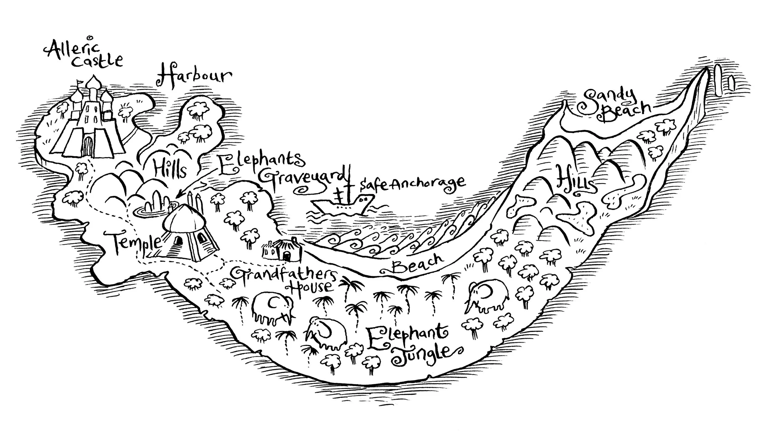A hand-drawn map of an island from "The Dragon Blood Pirates" series of chapter books.
