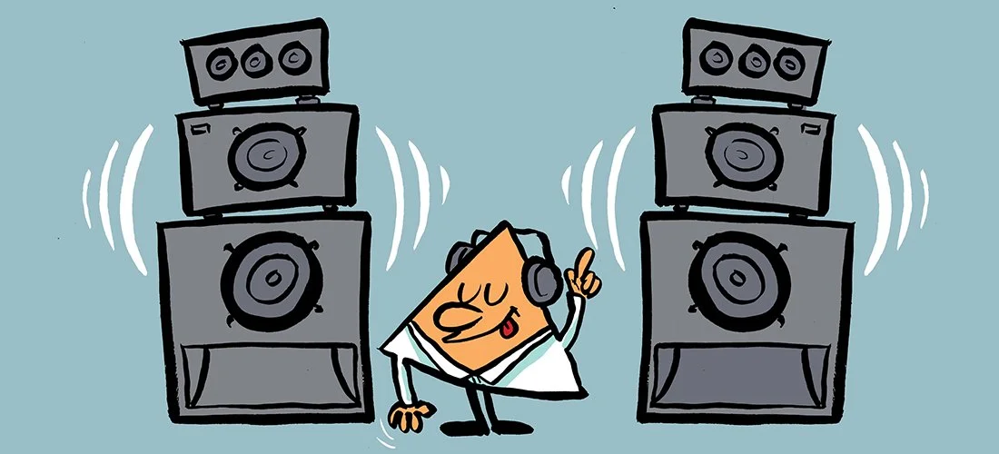 A cartoon corn cob wearing headphones, dancing and enjoying loud music in front of large speakers.