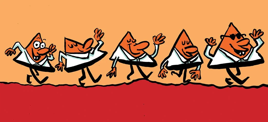 Animated characters with triangular heads, dressed in white shirts, walking together on a red ground,笑 and waving.
