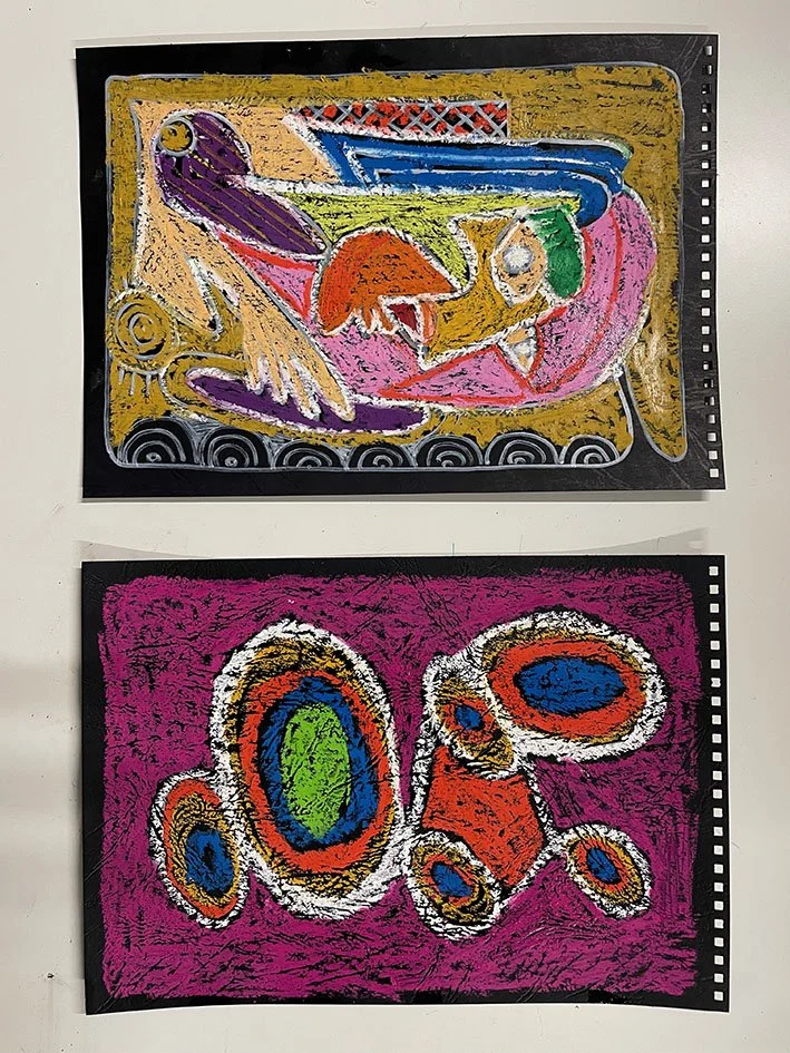 OIl pastel on textured black card.