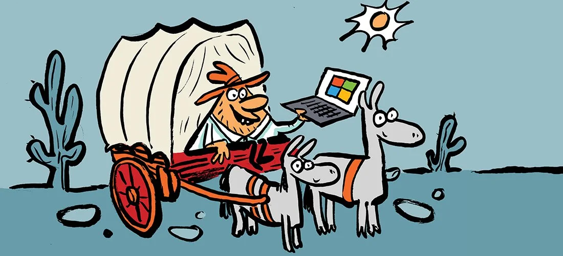 Cartoon of a cheerful person with glasses inside a covered wagon drawn by two donkeys, holding a laptop, with a sunny sky and desert plants in the background.