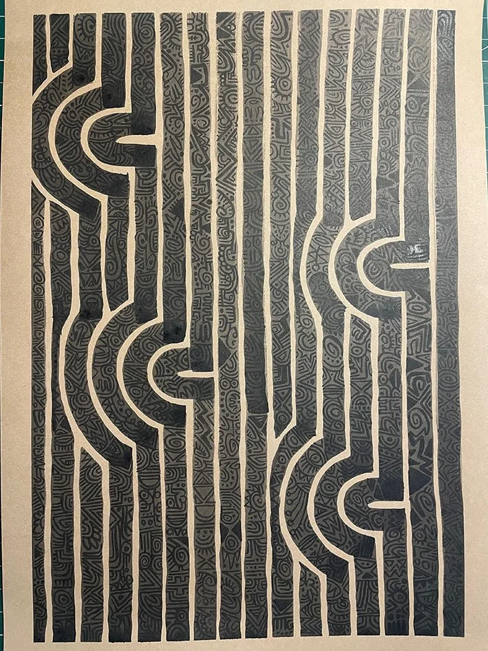 Patterned lines. Drawing ink on tinted paper.