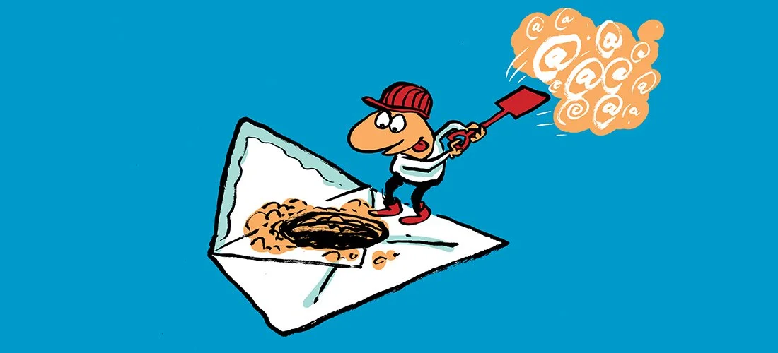 Cartoon character standing inside an open pizza box, holding a rake, with swirled smoke coming out of it on a blue background.