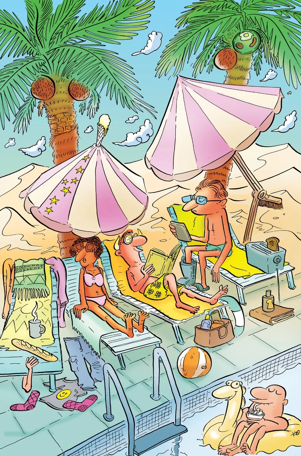 Anomalie puzzle - People relaxing at a poolside with umbrellas, palm trees, and clouds, some reading and talking, while a dog and a duck enjoy the pool.