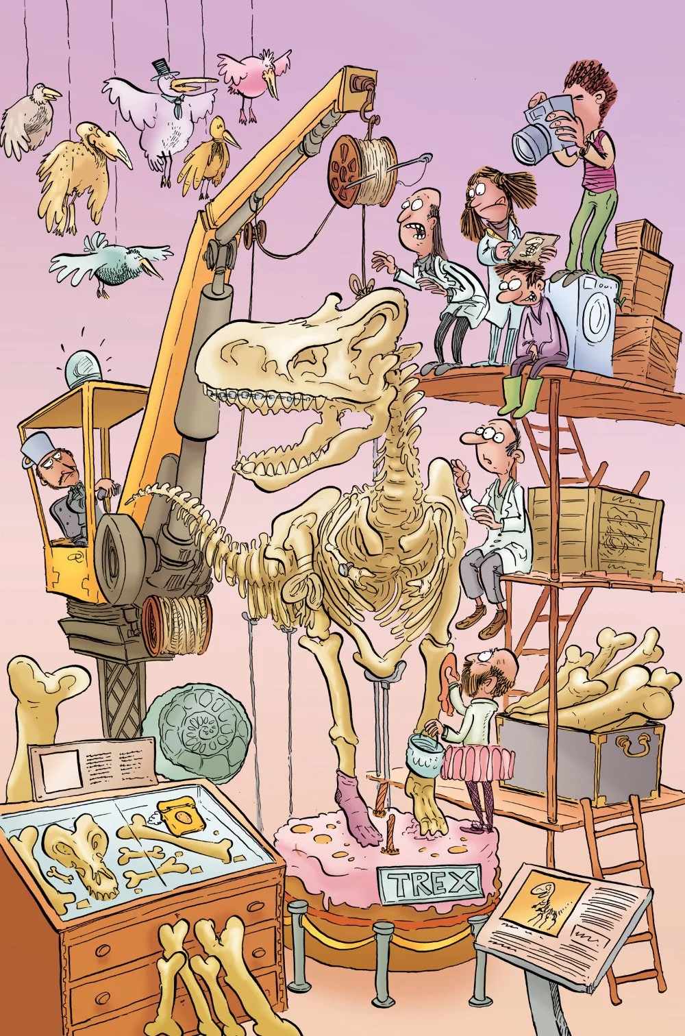 Anomalie puzzle of a cartoon museum exhibit featuring a T-Rex skeleton being assembled with scientists and workers working around it, and a crane lifting parts of the skeleton. There are various museum exhibits, diagrams, and a photographer taking pi