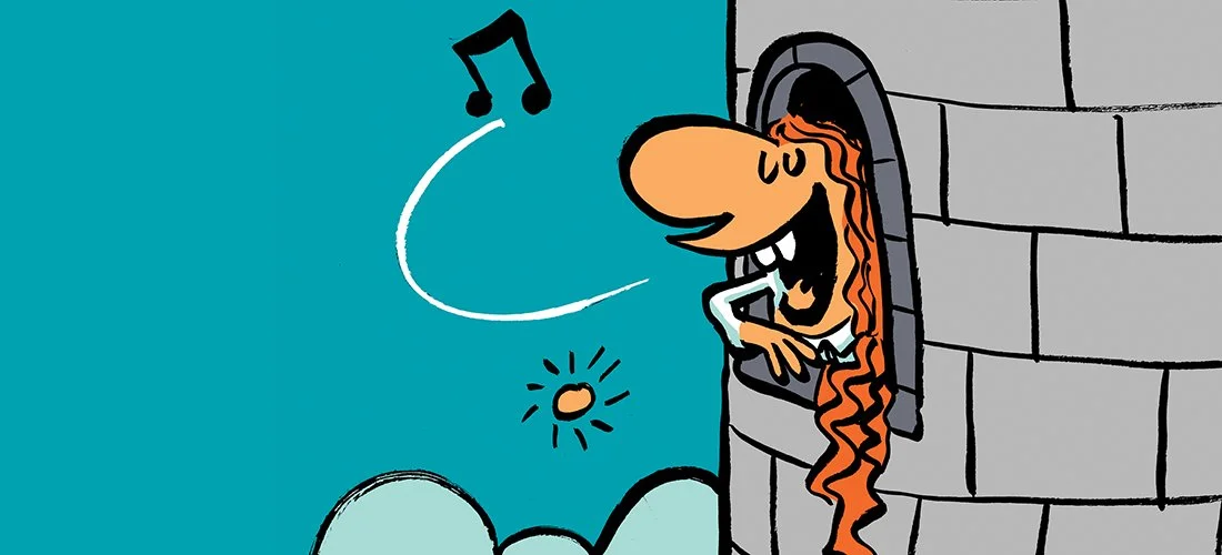 A cartoon character with long curly hair smiling and leaning out of a castle window, looking at a musical note, a small sun, and clouds in the sky.