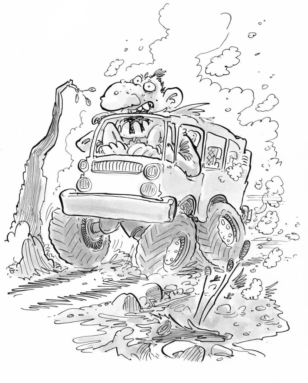 A giant in a non-giant car. Interior artwork from "Small".