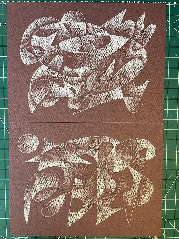 White pencil on dark brown paper.