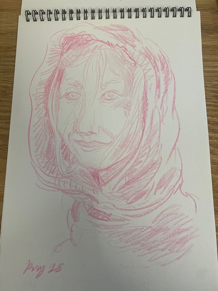 Sketchbook page drawn in crayon.