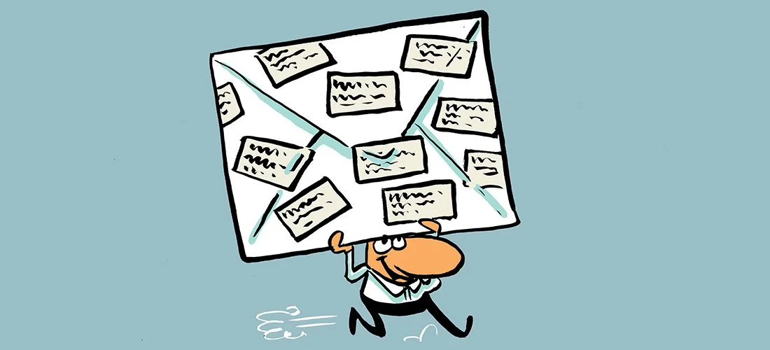 Cartoon character carrying a large broken whiteboard with sticky notes attached, running quickly.