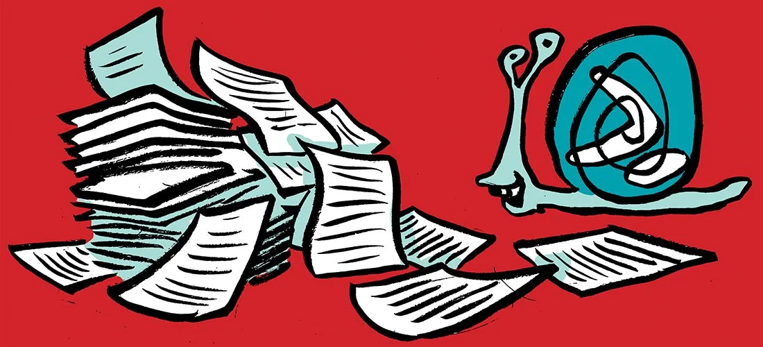 A cartoon drawing of a snail with a large shell and a happy face, surrounded by scattered sheets of paper on a red background.