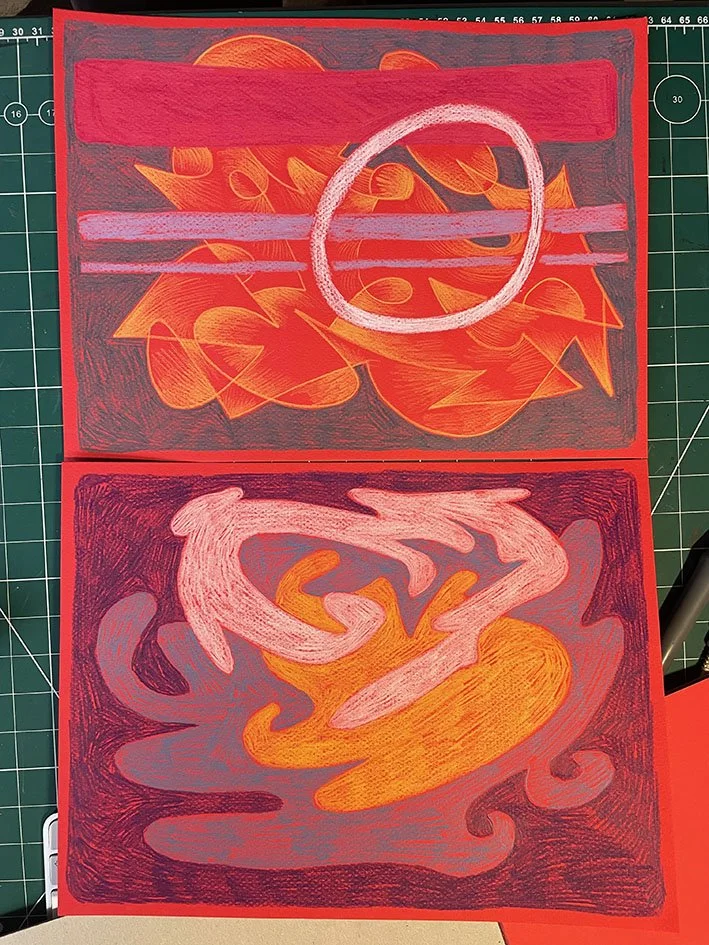 Coloured pencil on coloured paper.