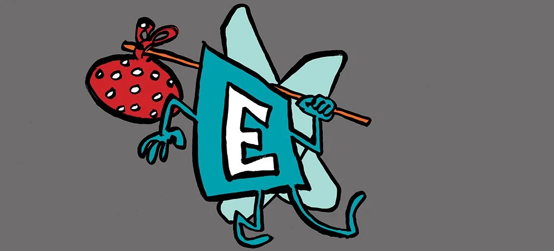 A cartoon of the letter 'E' with a face, arms, and legs, holding a stick with a strawberry on top and wearing fairy wings against a gray background.