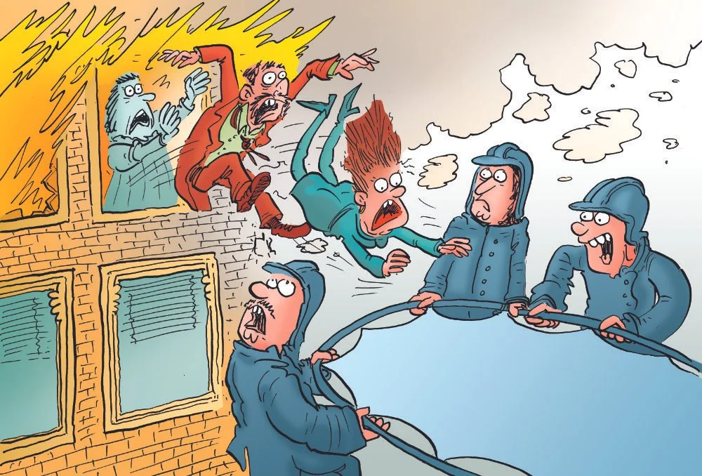 Editorial cartoon from La Settimanna Enigmistica magazine. Firefighters saving people from a burning building.