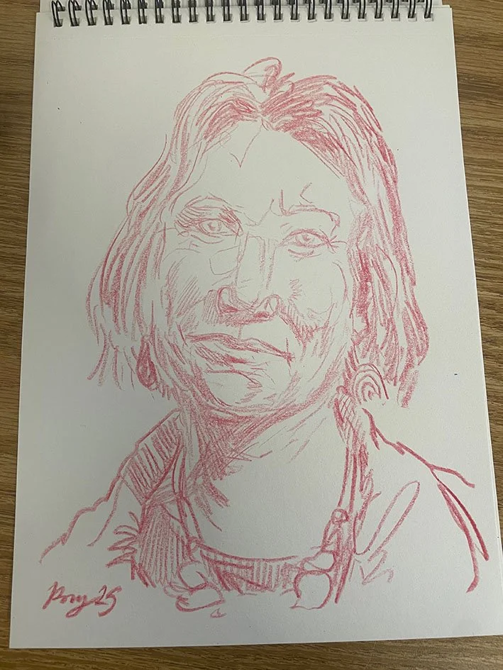 Sketchbook page drawn in crayon.