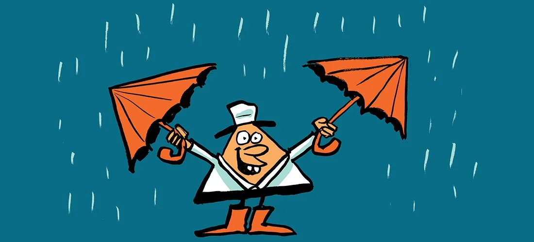 Cartoon character holding two orange umbrellas in the rain, wearing a white shirt, black pants, orange boots, and a white hat.