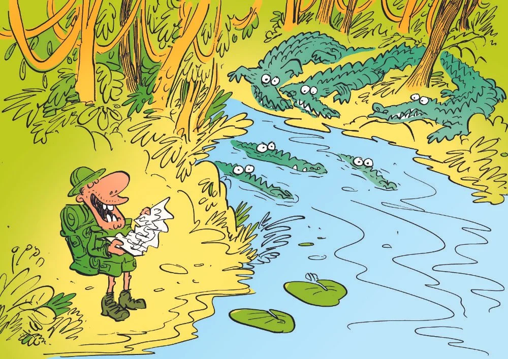 Editorial cartoon from La Settimanna Enigmistica magazine. More crocodiles!? 