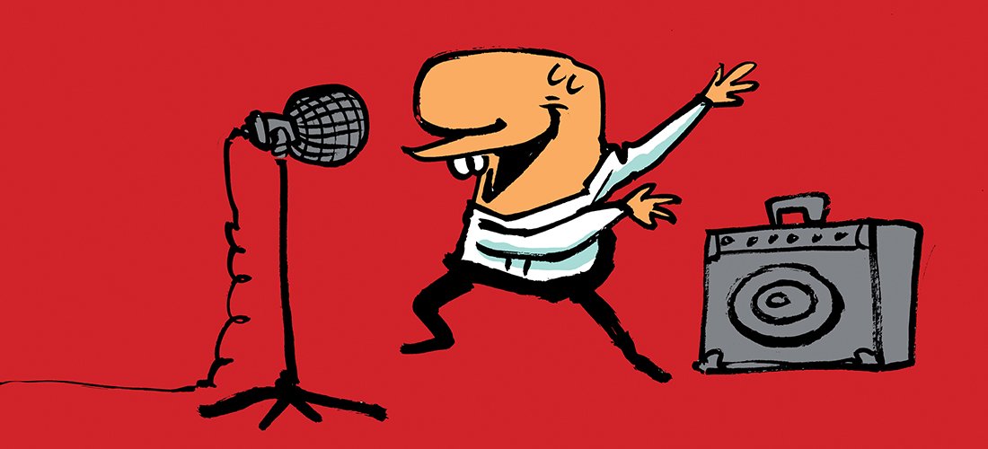 Cartoon drawing of a cheerful man singing into a microphone on a stand, with a speaker in the background, on a red stage.